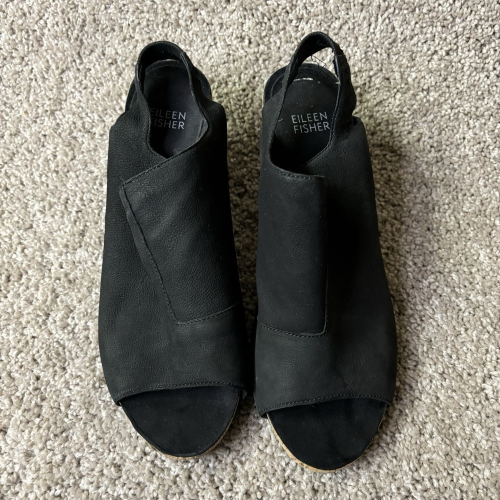 Eileen Fisher Leather Slingback Sz 9 Open‎ Toe Block Heel Sandal